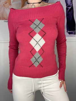 high school pattern off-shoulder knitwear jumper