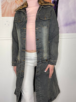 downtown girl medi denim jacket with faux fur and washed details