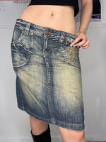 raw washed medi low-waisted denim skirt