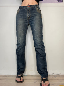 mid-waisted dark coloured straight leg jeans