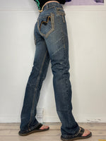 mid-waisted dark coloured straight leg jeans