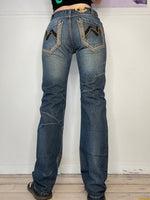 mid-waisted dark coloured straight leg jeans