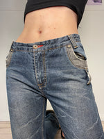 mid-waisted dark coloured straight leg jeans