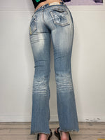 low-waisted washed light denim flare jeans