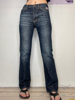 must-have dark mid-waisted washed denim flare jeans