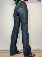 must-have dark mid-waisted washed denim flare jeans