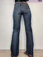 must-have dark mid-waisted washed denim flare jeans