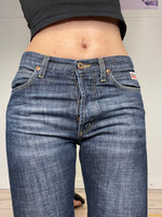 must-have dark mid-waisted washed denim flare jeans