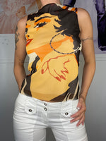 funky graphic printed mesh club wear top