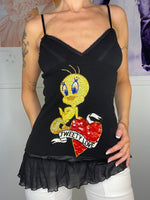 sequins tweety mesh ruffle top