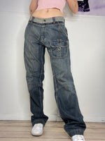 washed baggy denim jeans low-waisted with details