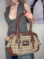 monogram printed brown shiny shoulder bag