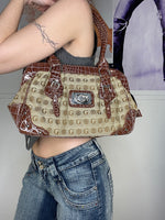 monogram printed brown shiny shoulder bag