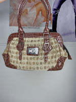 monogram printed brown shiny shoulder bag