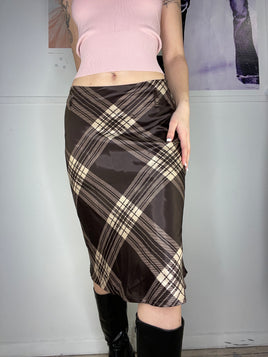 offcie wear checked mid-waist shiny medi skirt