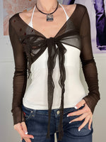 long sleeve mesh tie bolero with chest details