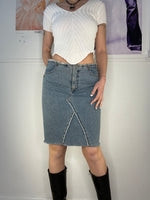 perfect fit medi denim skirt