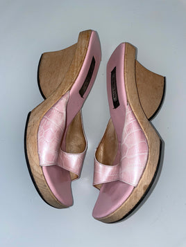 heeled clogs with shiny snake print