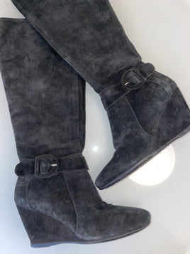 knee height genuine suede boots with buckle detail
