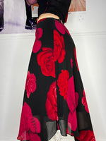 90's rose printes double layer medi skirt with asymmetric button