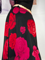 90's rose printes double layer medi skirt with asymmetric button