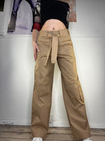 mid-waisted light sand wide leg cargo pants with tiw waist