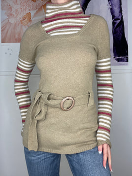 striped double knitwear mini dress with belt